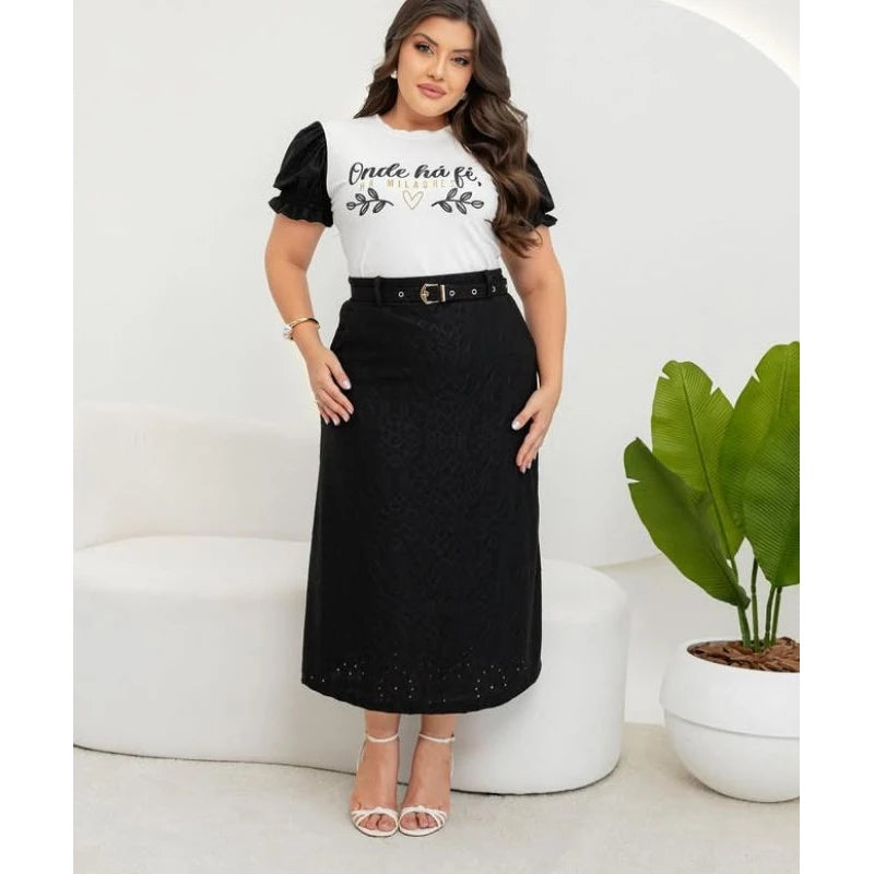conjunto feminino evangélico saia de lese forrada e blusa com estampa mensagem bíblica