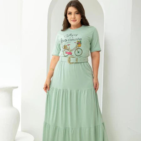 Conjunto Social Saia Longa Com Blusa E Cinto Plus Size Casual Manga Curta Moda Evangelica Congresso