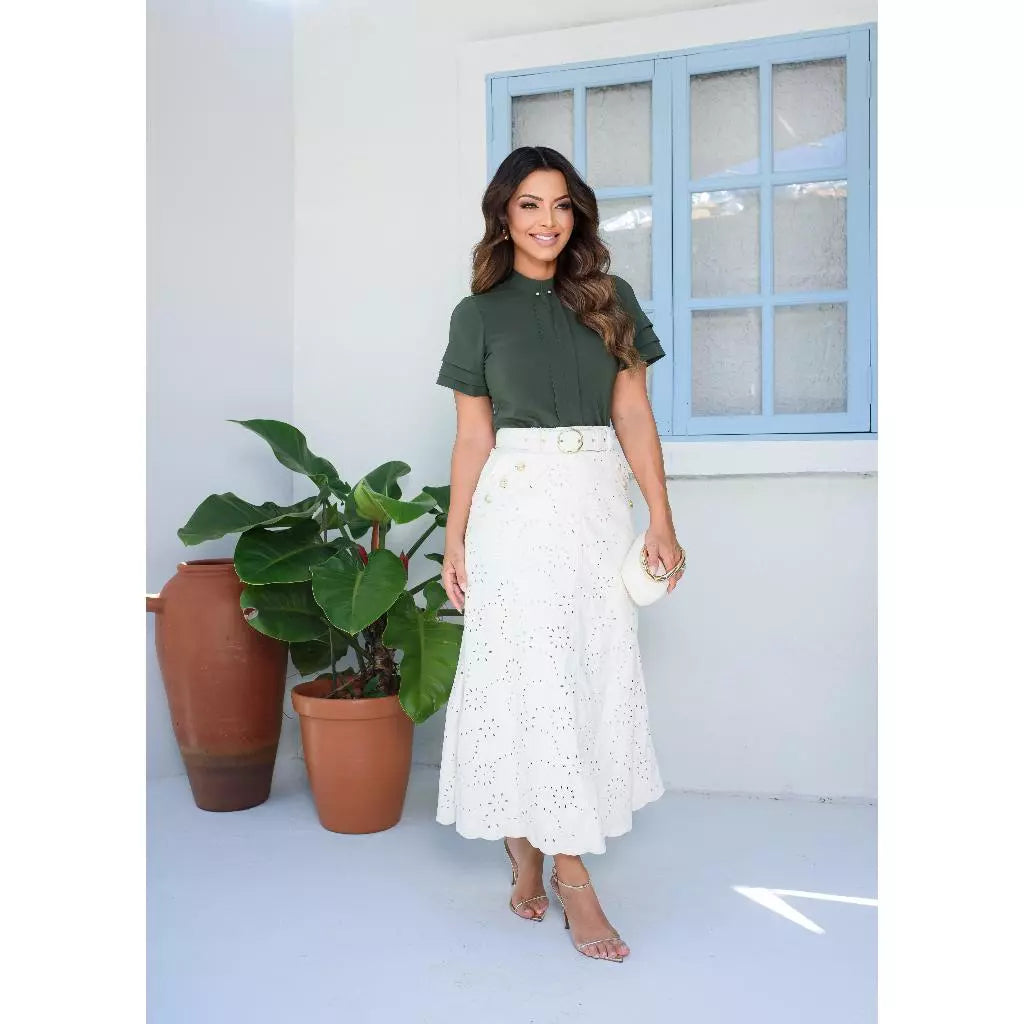 Saias Moda Evangélica Evasê Com Bolso Cinto Couro Bordado