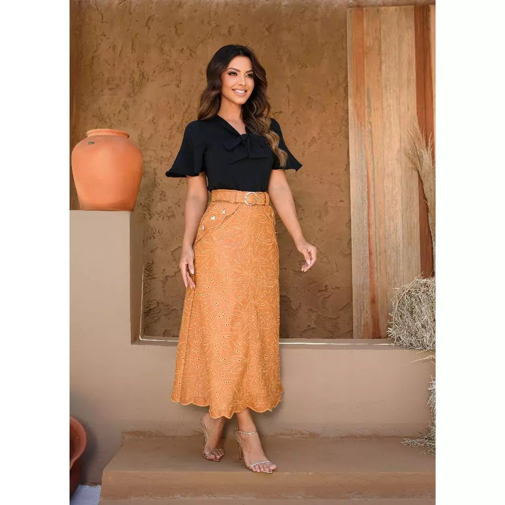 Saias Moda Evangélica Evasê Com Bolso Cinto Couro Bordado