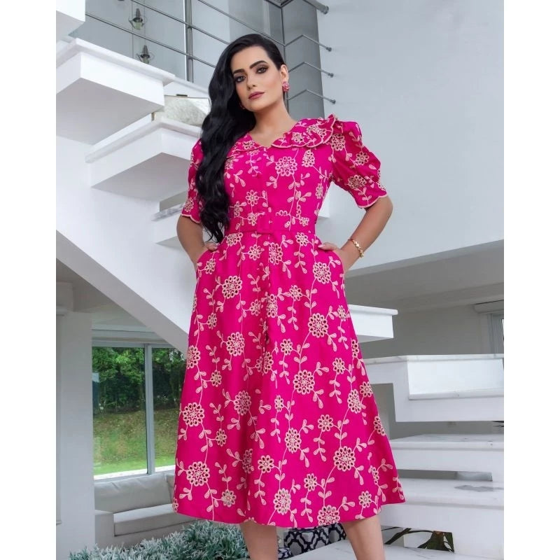 Vestido Midi Geisy Renda Bordado Botões e Cinto