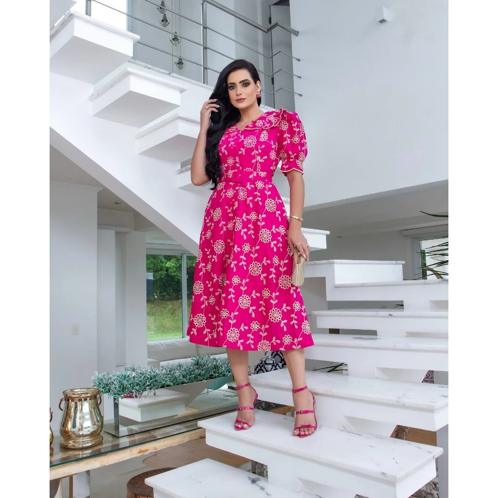 Vestido Midi Geisy Renda Bordado Botões e Cinto
