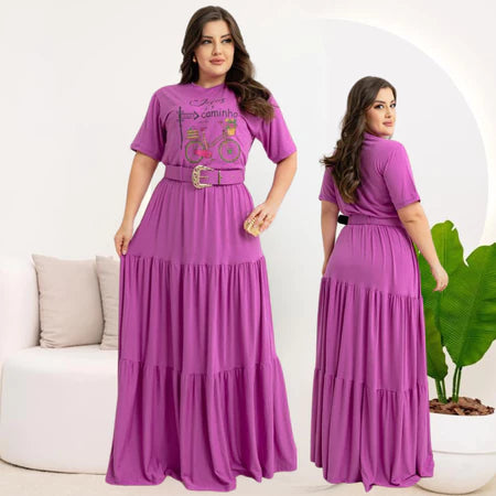 Conjunto Social Saia Longa Com Blusa E Cinto Plus Size Casual Manga Curta Moda Evangelica Congresso