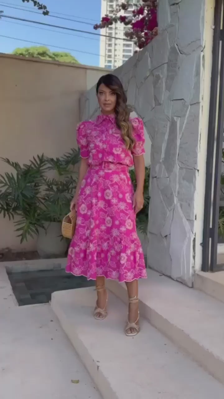Conjunto Camisa + Saia com Cinto Moda Cristã Lese 100% Algodão Botões Encapados Funcionais Angela