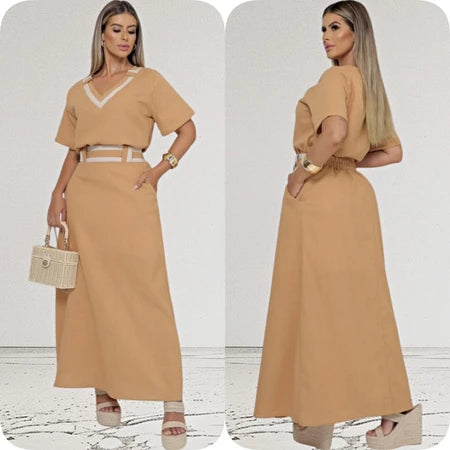 Conjunto Saia + Blusa de Alfaiataria (Laranja com Nude)