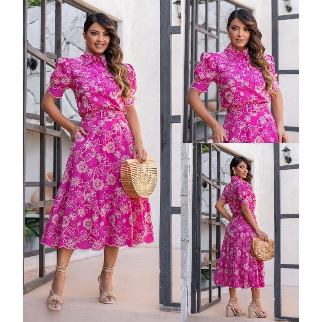 Conjunto Camisa + Saia com Cinto Moda Cristã Lese 100% Algodão Botões Encapados Funcionais Angela