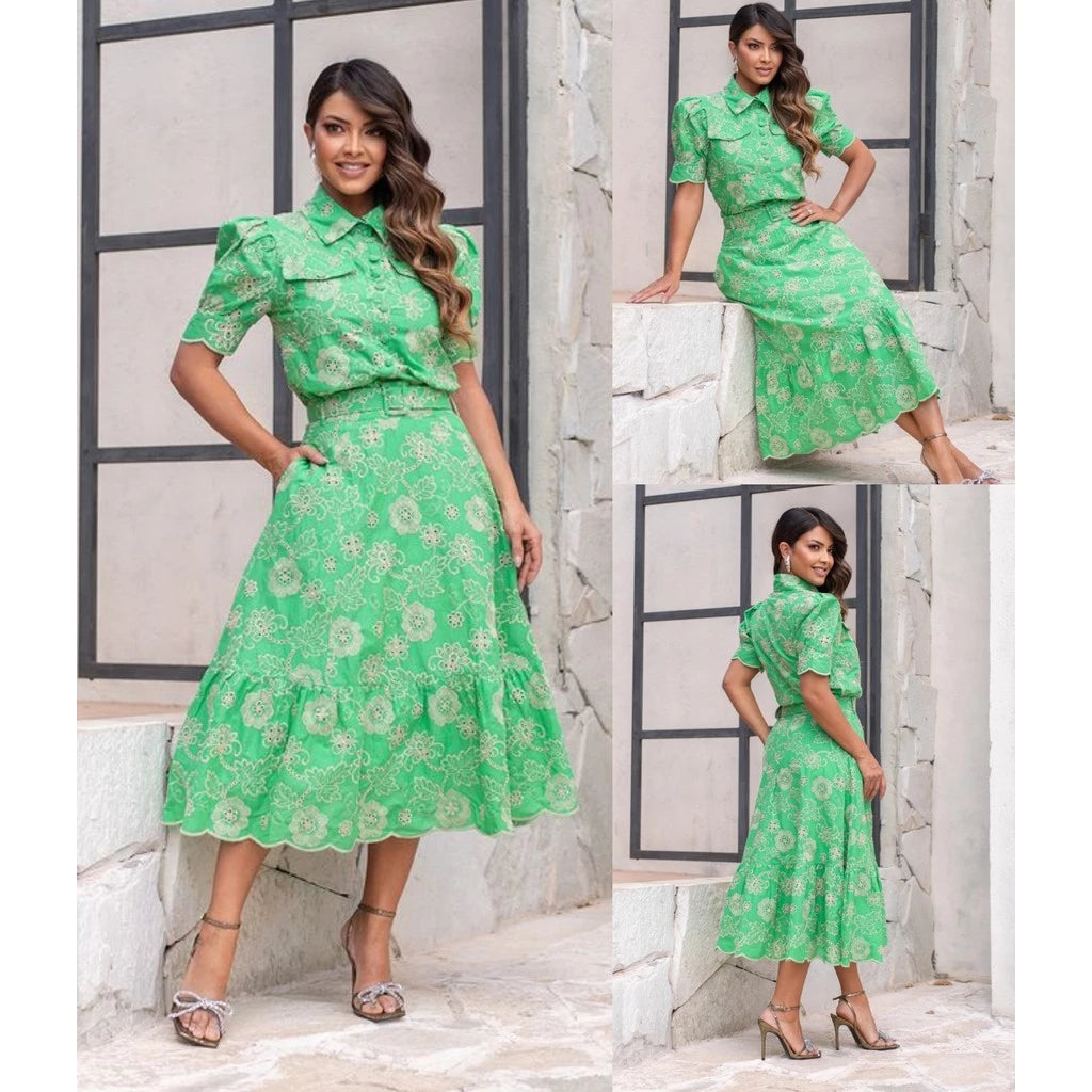 Conjunto Camisa + Saia com Cinto Moda Cristã Lese 100% Algodão Botões Encapados Funcionais Angela