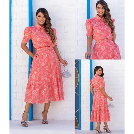 Conjunto Camisa + Saia com Cinto Moda Cristã Lese 100% Algodão Botões Encapados Funcionais Angela